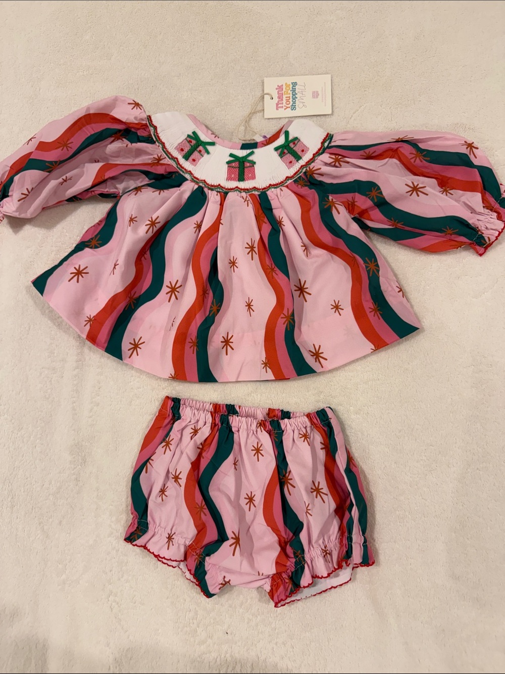 Pink Holiday Wave Smocked Top & Bloomers